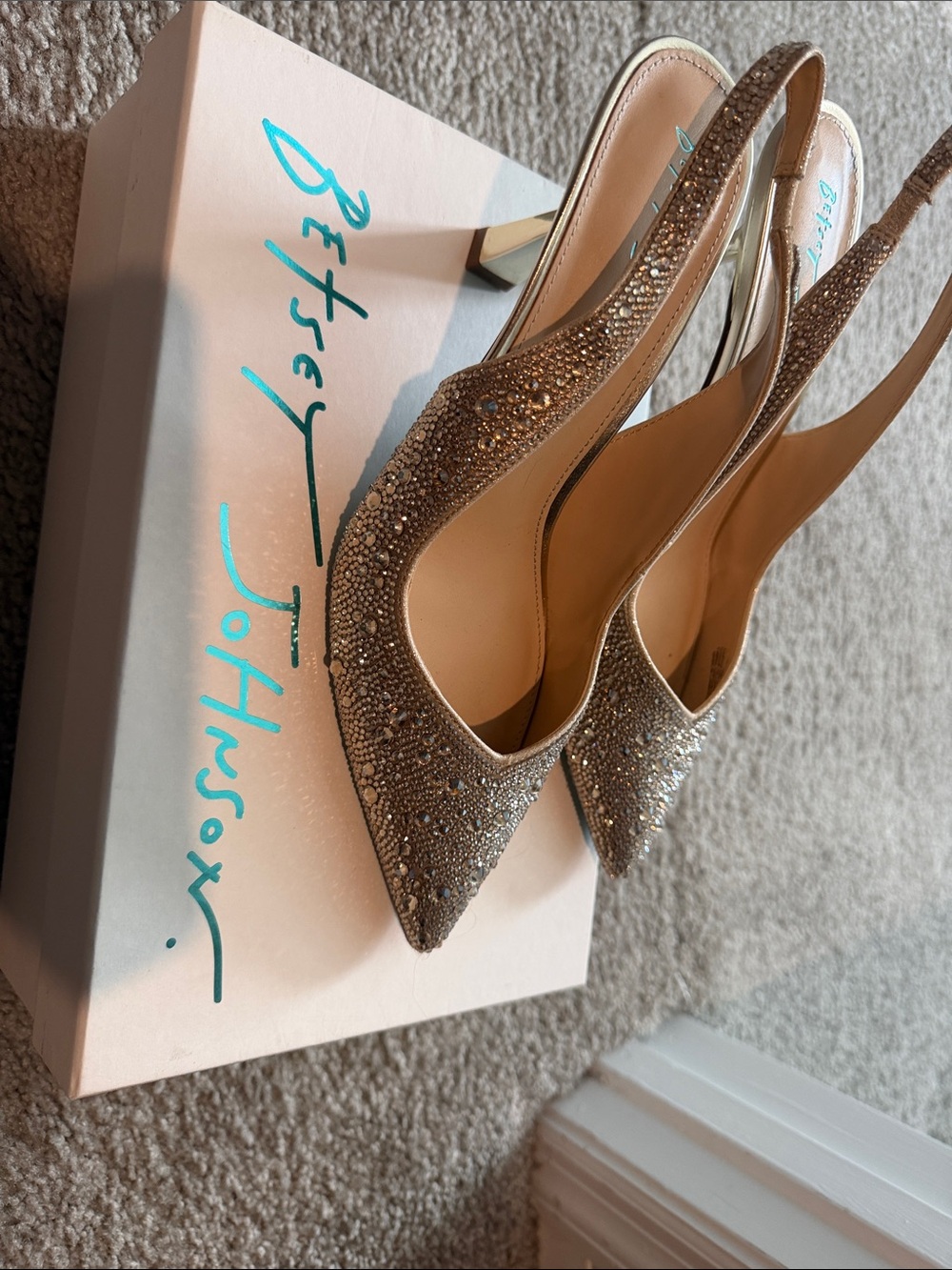Betsey Johnson Champagne Crystal Embellished Pointed Slingback Heels - Picture 2 of 4
